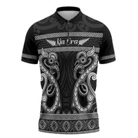 Kia Ora New Zealand Zipper Polo Shirt Maori Language Week Pango Taniko Motif LT14 Black - Polynesian Pride