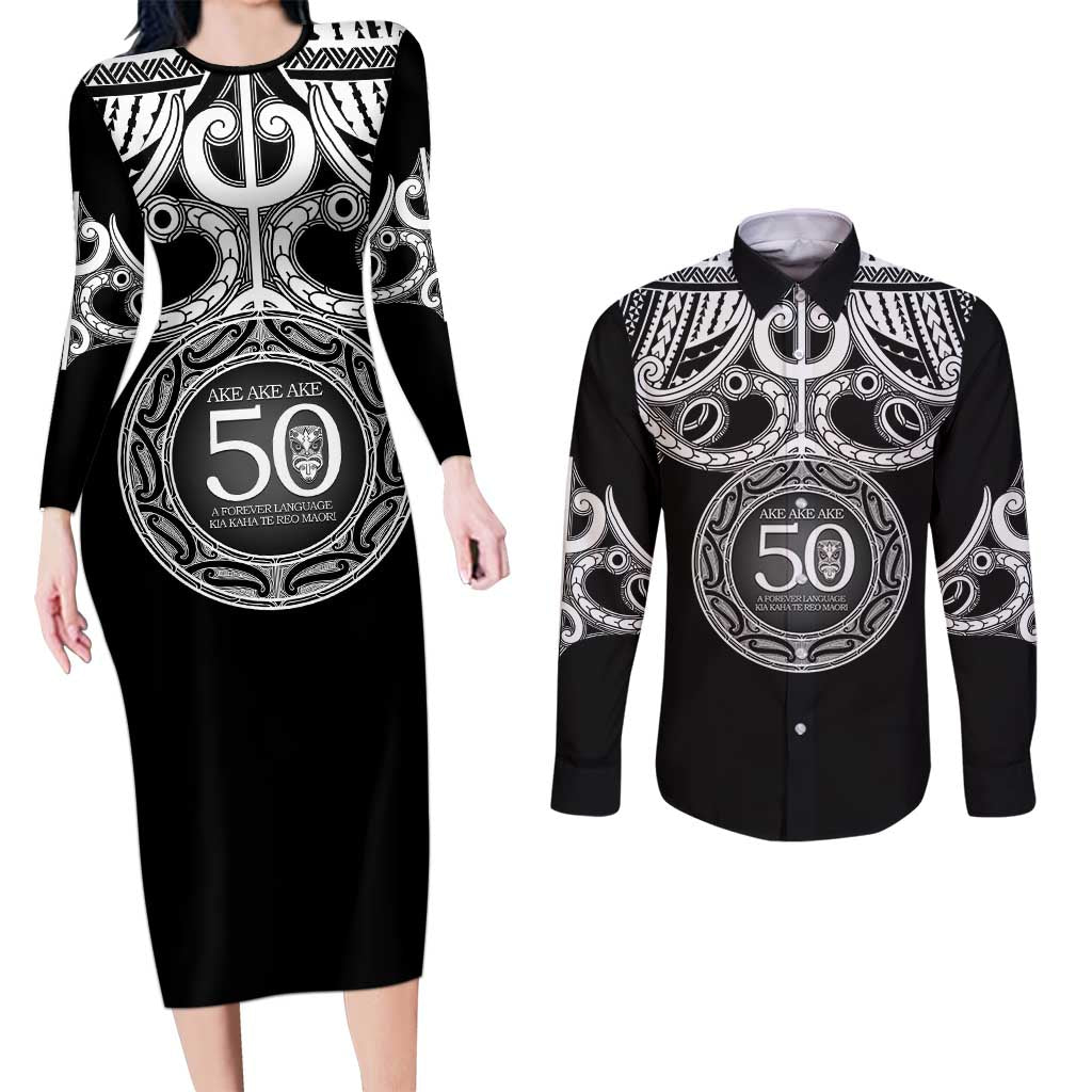 Kia Kaha Te Reo Maori New Zealand Couples Matching Long Sleeve Bodycon Dress and Long Sleeve Button Shirt 50th Anniversary Ake Ake Ake LT14 Black - Polynesian Pride