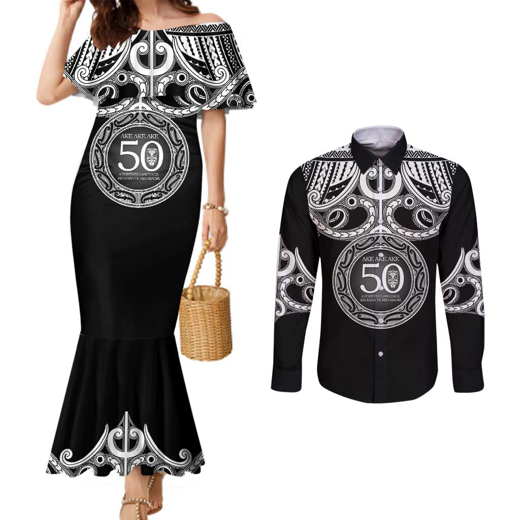 Kia Kaha Te Reo Maori New Zealand Couples Matching Mermaid Dress and Long Sleeve Button Shirt 50th Anniversary Ake Ake Ake LT14 Black - Polynesian Pride