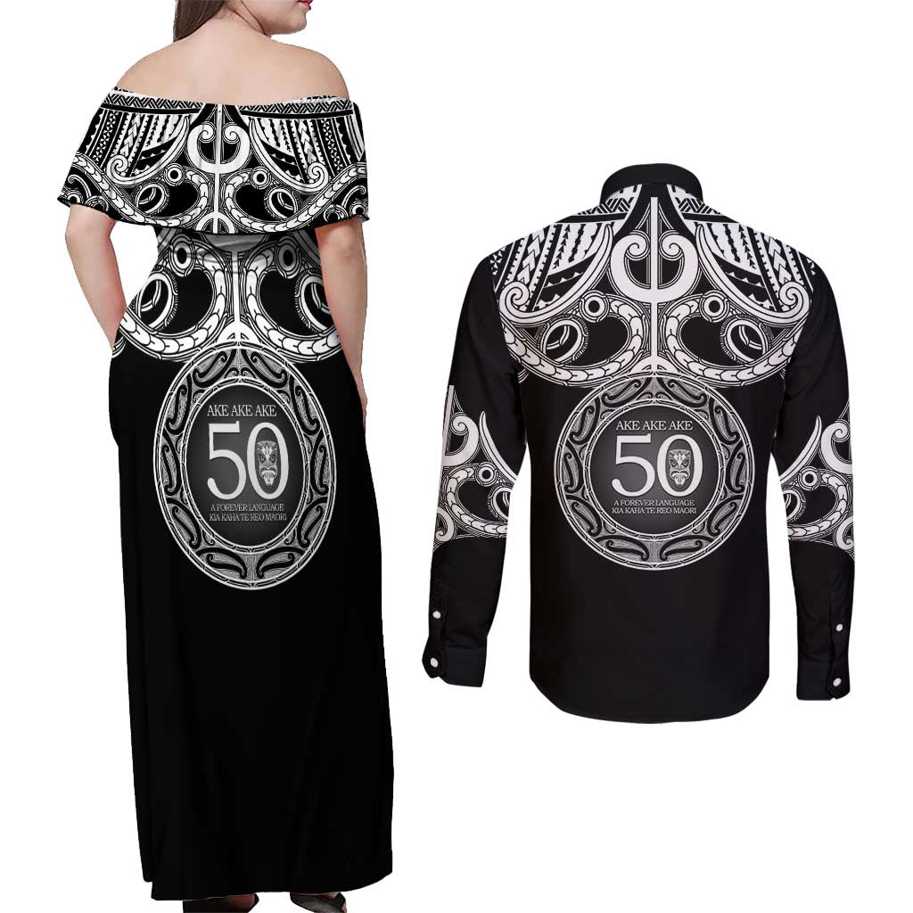 Kia Kaha Te Reo Maori New Zealand Couples Matching Off Shoulder Maxi Dress and Long Sleeve Button Shirt 50th Anniversary Ake Ake Ake LT14 - Polynesian Pride