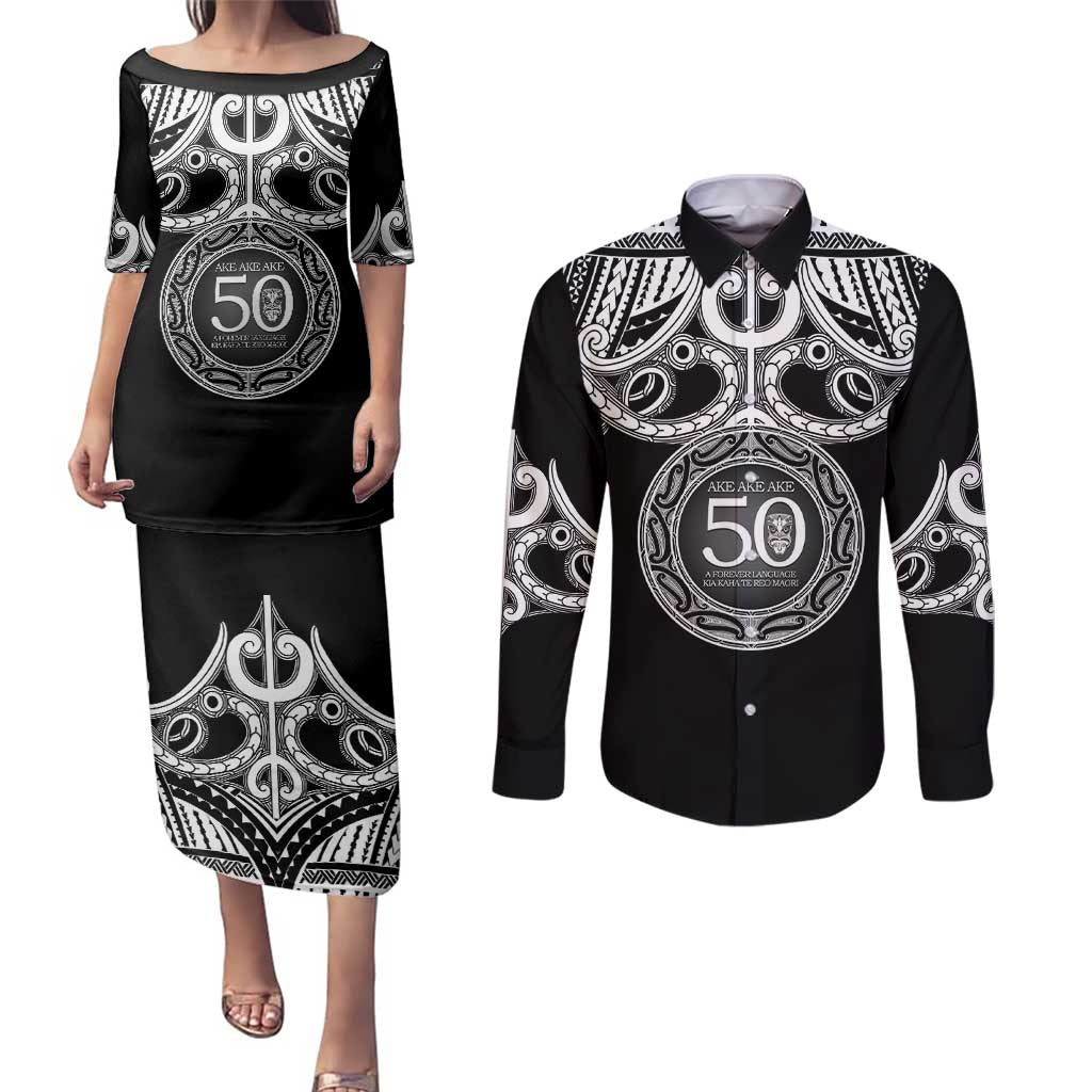 Kia Kaha Te Reo Maori New Zealand Couples Matching Puletasi and Long Sleeve Button Shirt 50th Anniversary Ake Ake Ake LT14 Black - Polynesian Pride