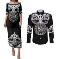 Kia Kaha Te Reo Maori New Zealand Couples Matching Puletasi and Long Sleeve Button Shirt 50th Anniversary Ake Ake Ake LT14 Black - Polynesian Pride