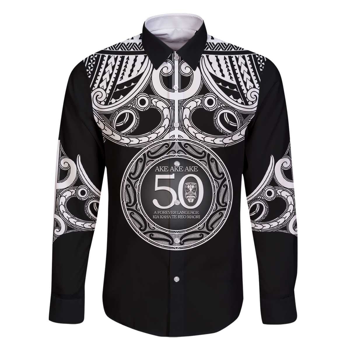 Kia Kaha Te Reo Maori New Zealand Family Matching Off The Shoulder Long Sleeve Dress and Hawaiian Shirt 50th Anniversary Ake Ake Ake LT14 Dad's Shirt - Long Sleeve Black - Polynesian Pride