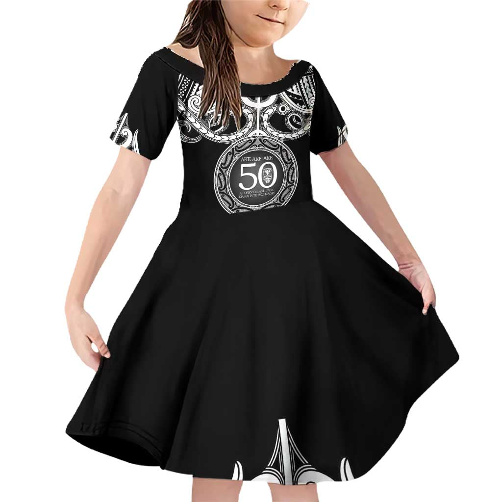 Kia Kaha Te Reo Maori New Zealand Family Matching Off Shoulder Short Dress and Hawaiian Shirt 50th Anniversary Ake Ake Ake LT14 Daughter's Dress Black - Polynesian Pride