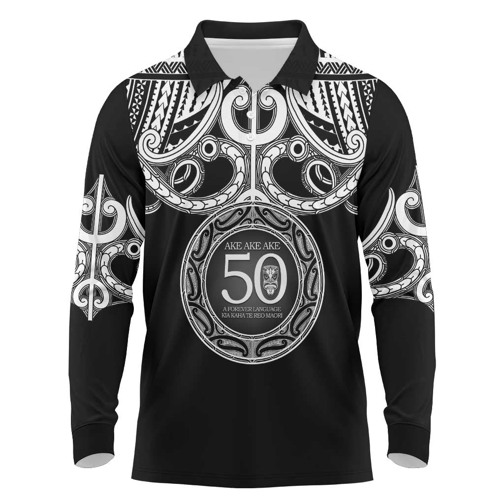 Kia Kaha Te Reo Maori New Zealand Long Sleeve Polo Shirt 50th Anniversary Ake Ake Ake LT14 Black - Polynesian Pride
