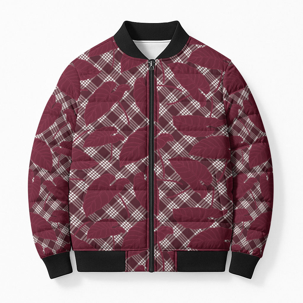 Burgundy Hawaii Kalo Palaka Motifs Bomber Puffer Jacket Hawaiian Taro Leaves Elegant Vibes LT14 Unisex Burgundy - Polynesian Pride