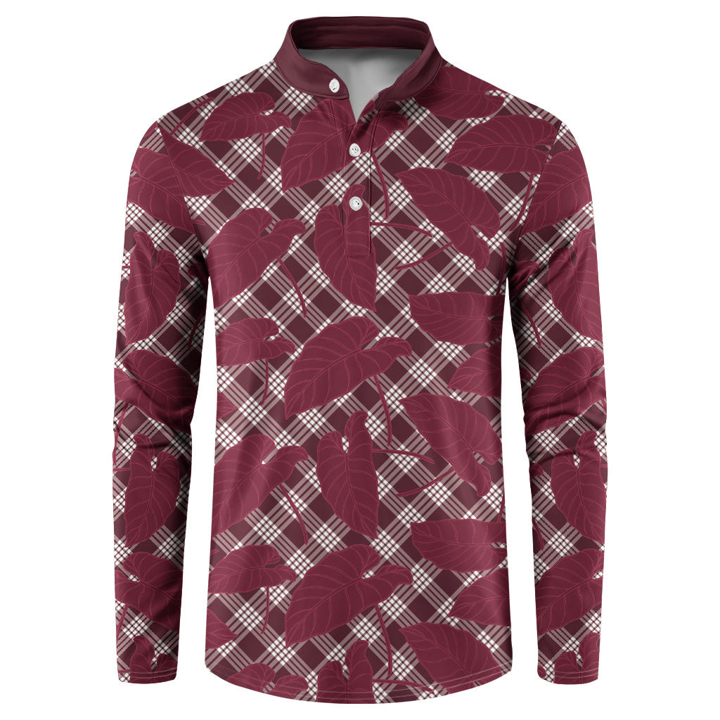 Burgundy Hawaii Kalo Palaka Motifs Button Sweatshirt Hawaiian Taro Leaves Elegant Vibes LT14 Burgundy - Polynesian Pride