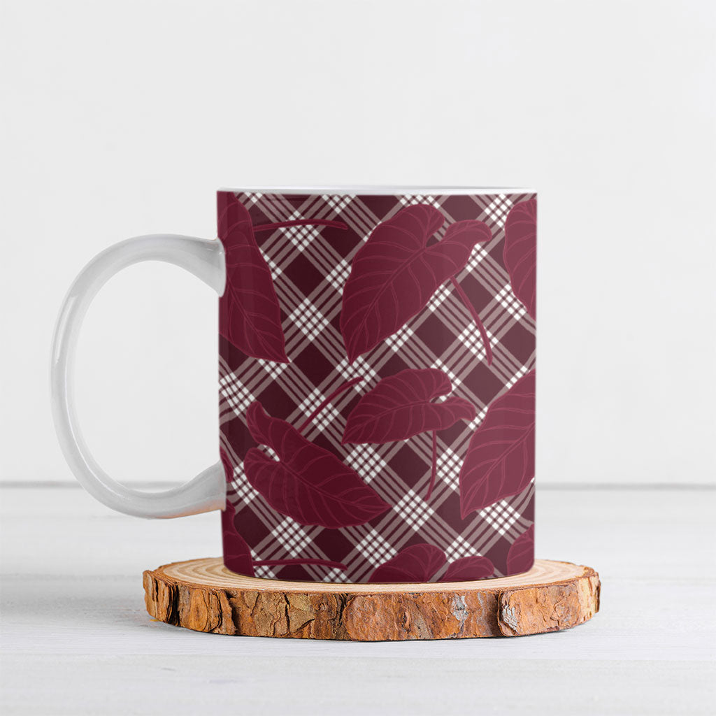 Burgundy Hawaii Kalo Palaka Motifs Ceramic Mug Hawaiian Taro Leaves Elegant Vibes LT14 Burgundy - Polynesian Pride