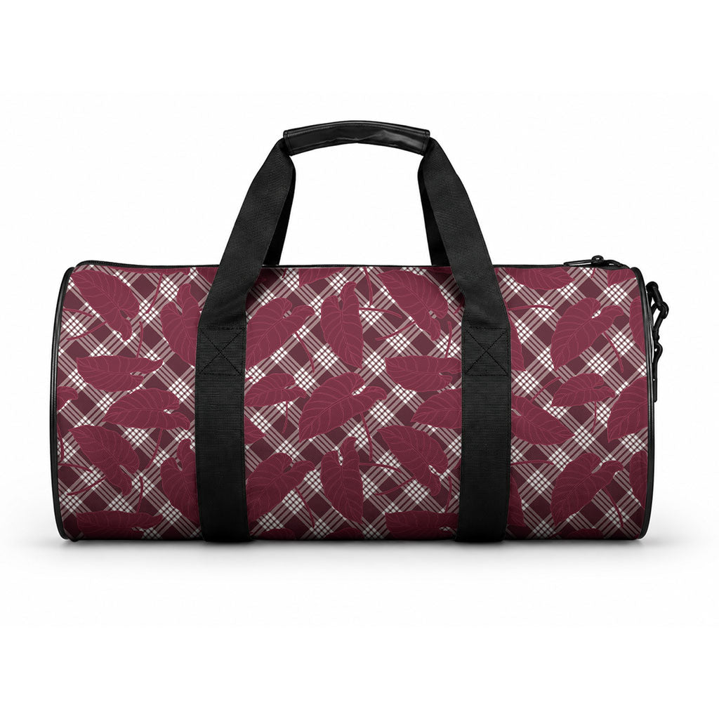 Burgundy Hawaii Kalo Palaka Motifs Duffle Bag Hawaiian Taro Leaves Elegant Vibes