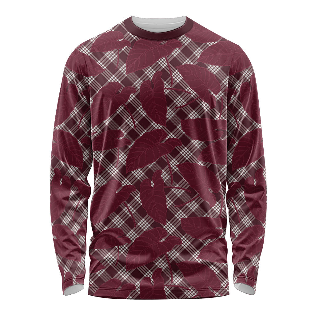 Burgundy Hawaii Kalo Palaka Motifs Long Sleeve Shirt Hawaiian Taro Leaves Elegant Vibes