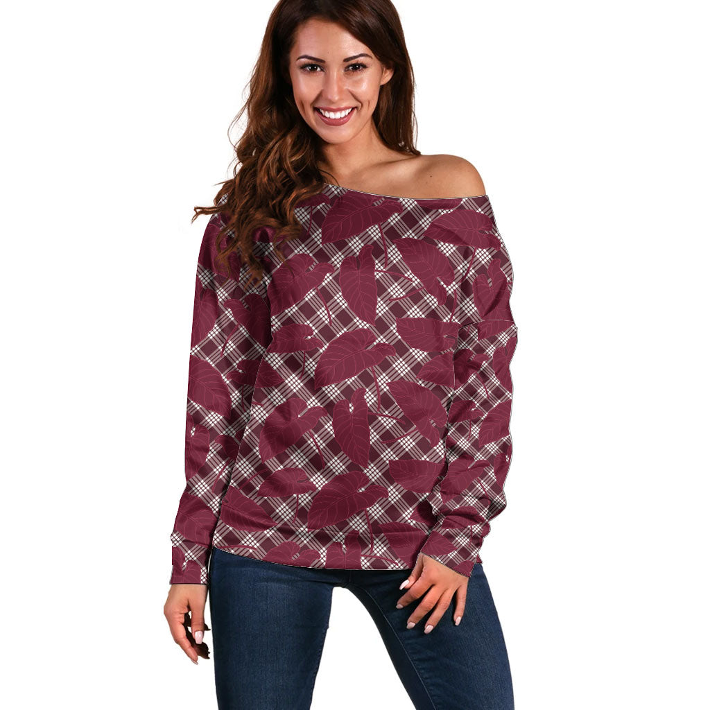 Burgundy Hawaii Kalo Palaka Motifs Off Shoulder Sweater Hawaiian Taro Leaves Elegant Vibes