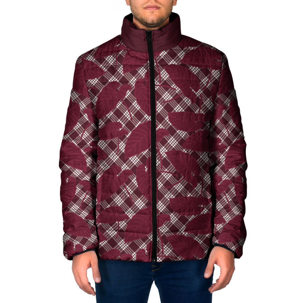 Burgundy Hawaii Kalo Palaka Motifs Padded Jacket Hawaiian Taro Leaves Elegant Vibes LT14 Men Burgundy - Polynesian Pride