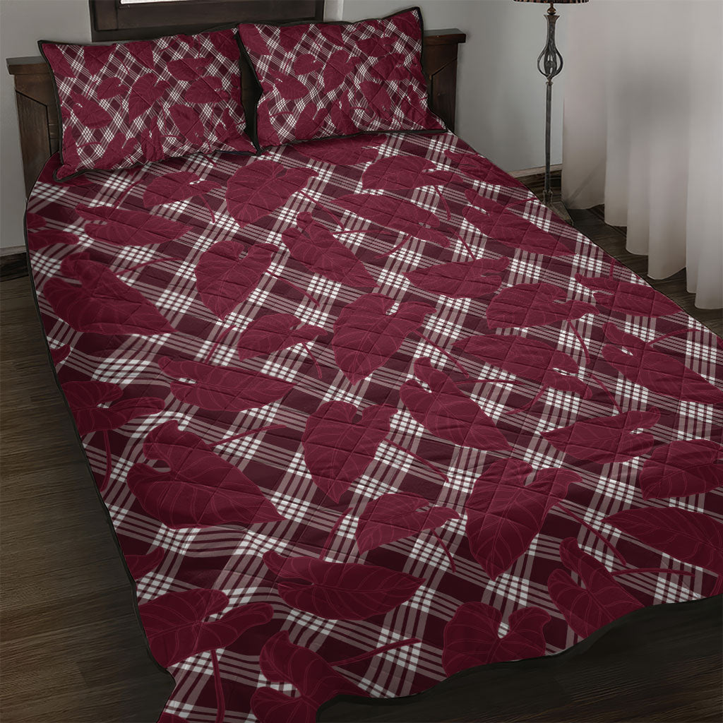 Burgundy Hawaii Kalo Palaka Motifs Quilt Bed Set Hawaiian Taro Leaves Elegant Vibes