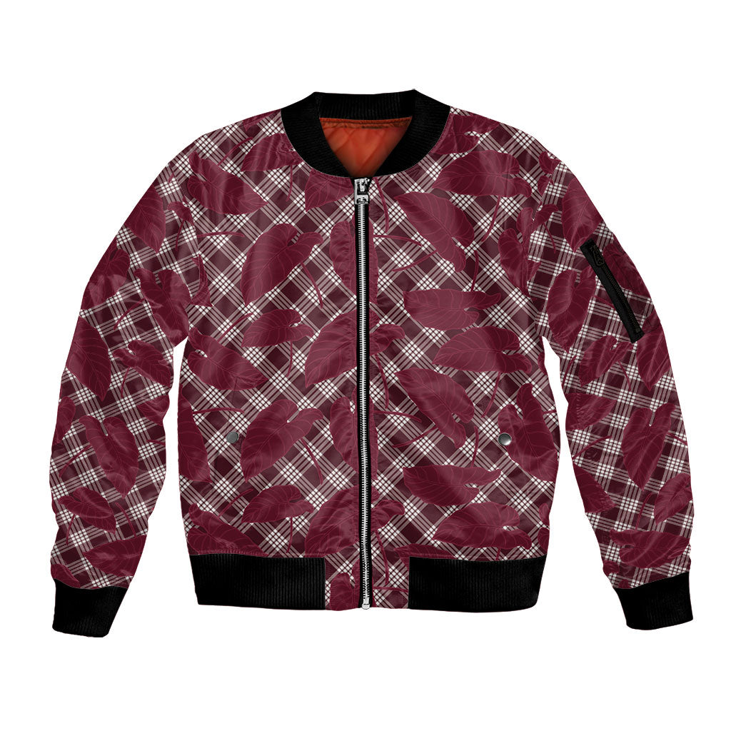 Burgundy Hawaii Kalo Palaka Motifs Sleeve Zip Bomber Jacket Hawaiian Taro Leaves Elegant Vibes