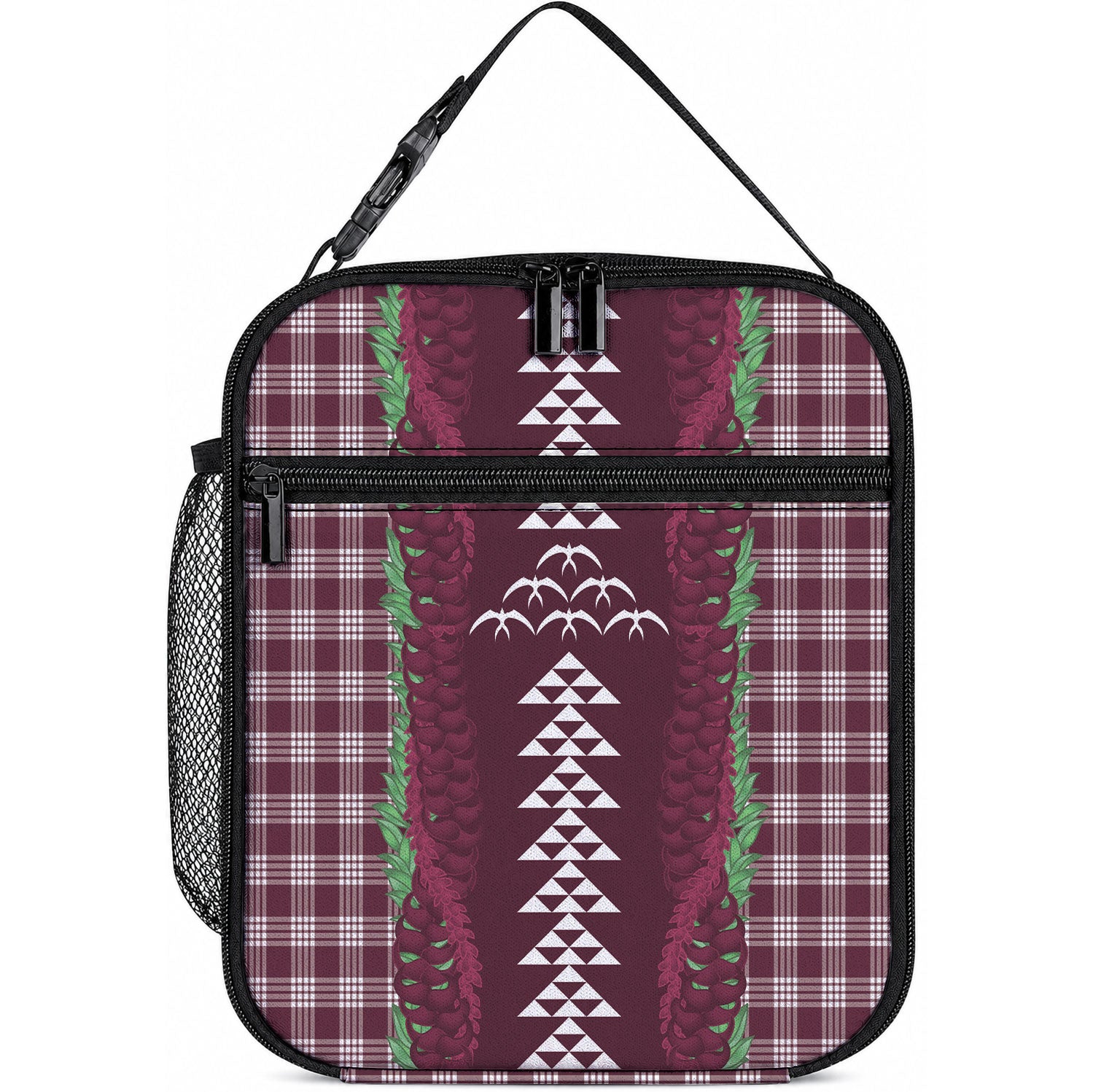 Burgundy Palaka Hawaii Iwa Bird Lunch Bag Hawaiian Kakau Jade Vine Lei LT14 10.2 × 8.3 × 4.3 inch Burgundy - Polynesian Pride