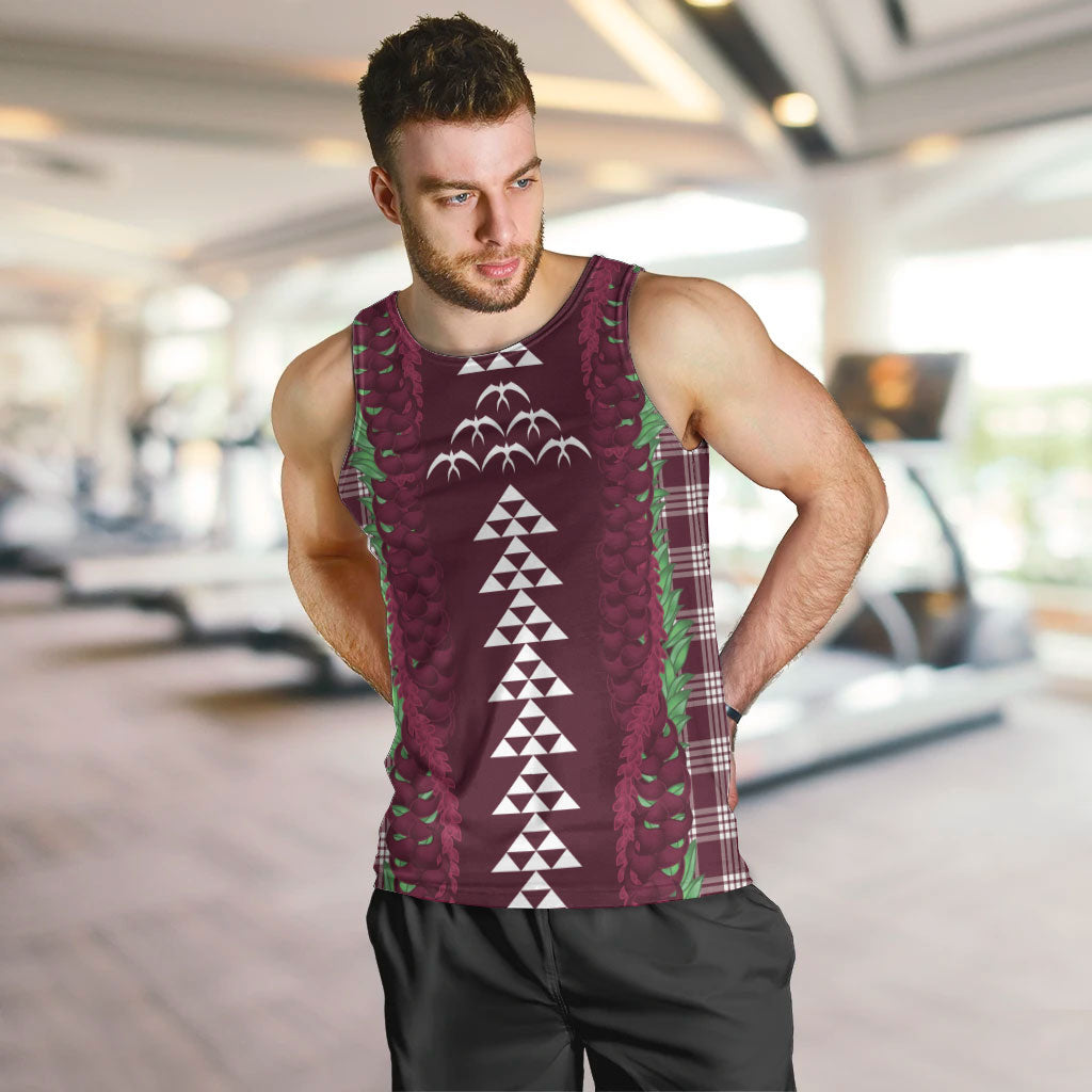 Burgundy Palaka Hawaii Iwa Bird Men Tank Top Hawaiian Kakau Jade Vine Lei