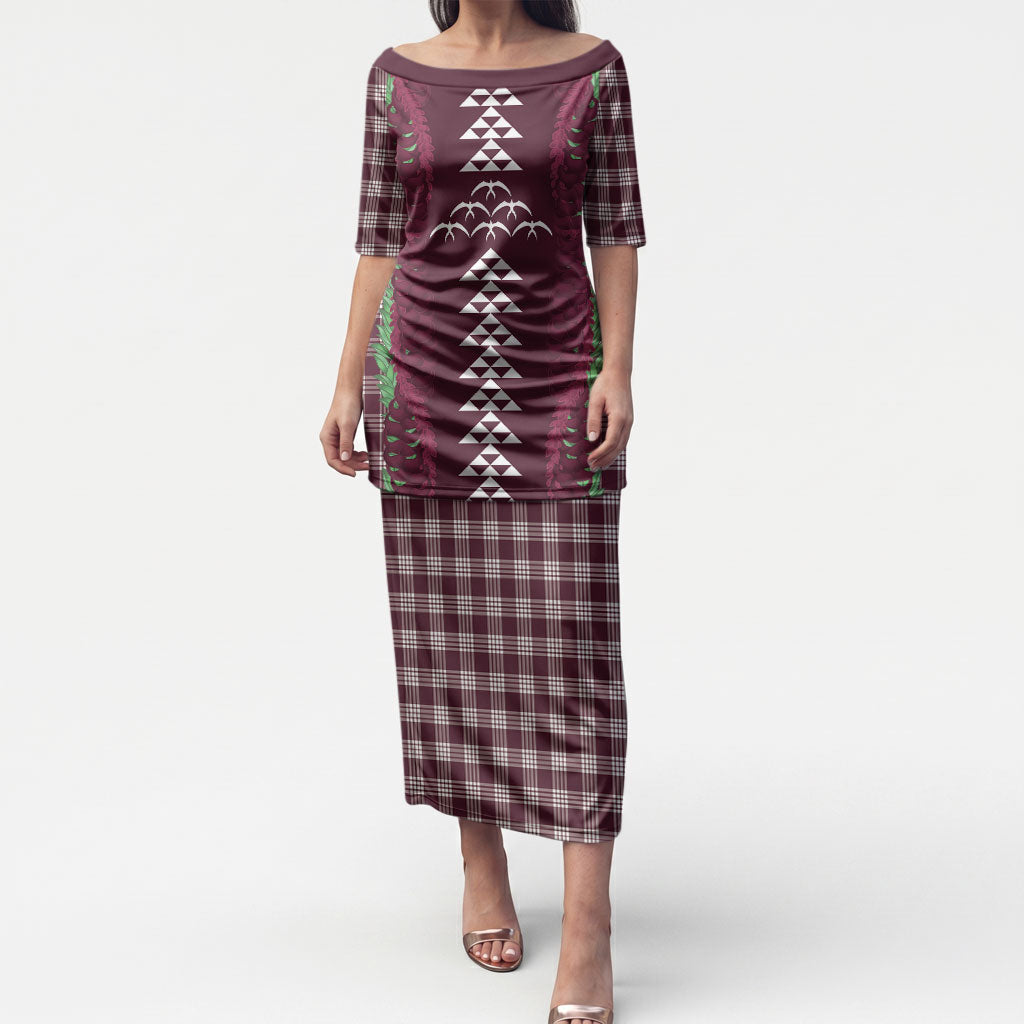 Burgundy Palaka Hawaii Iwa Bird Puletasi Hawaiian Kakau Jade Vine Lei LT14 Long Dress Burgundy - Polynesian Pride
