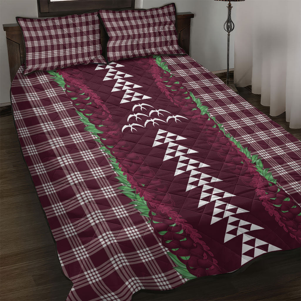 Burgundy Palaka Hawaii Iwa Bird Quilt Bed Set Hawaiian Kakau Jade Vine Lei