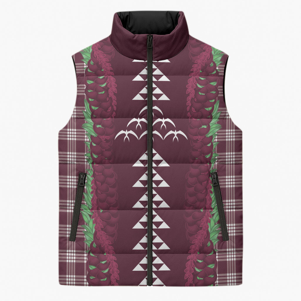 Burgundy Palaka Hawaii Iwa Bird Sleeveless Puffer Jacket Hawaiian Kakau Jade Vine Lei LT14 Unisex Burgundy - Polynesian Pride