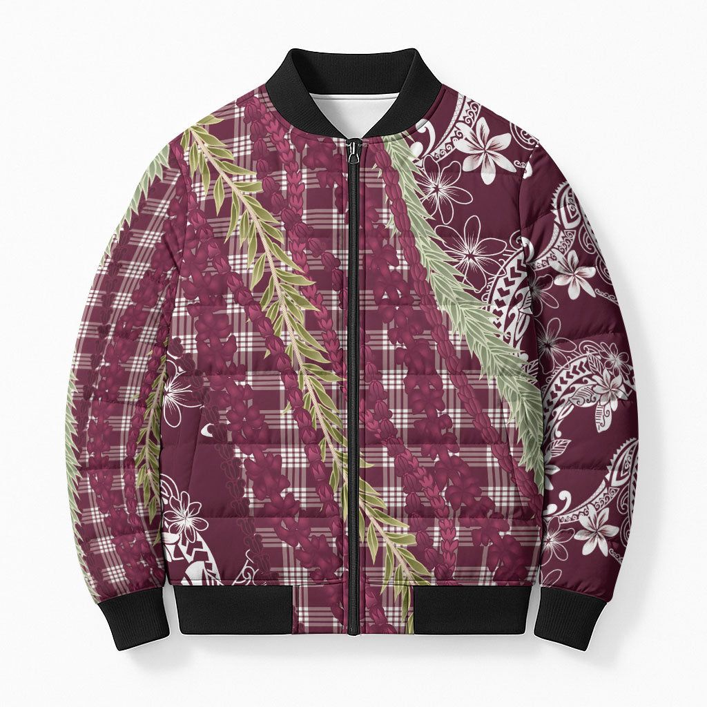 Burgundy Palaka Hawaii Leis Bomber Puffer Jacket Hawaiian-plaid Elegant Tropical Vibes LT14 Unisex Burgundy - Polynesian Pride