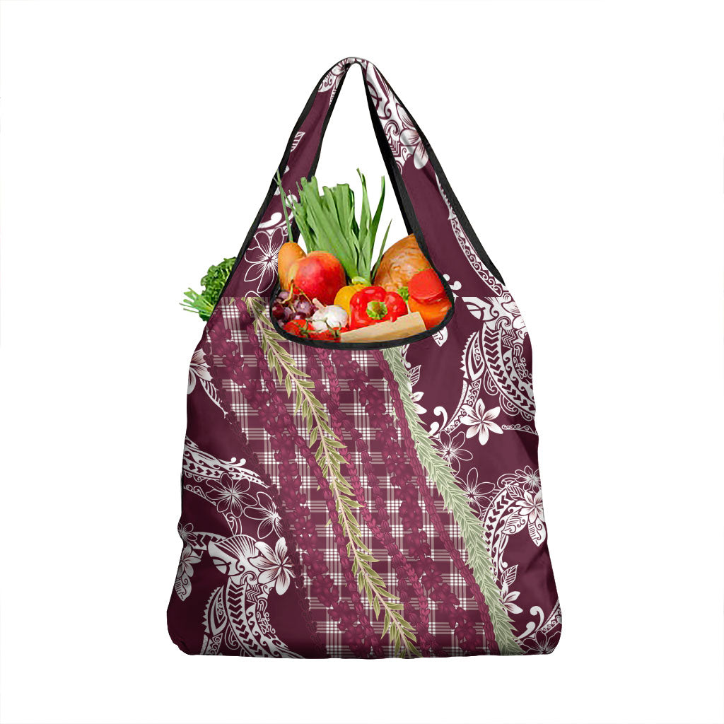 Burgundy Palaka Hawaii Leis Grocery Bag Hawaiian-plaid Elegant Tropical Vibes