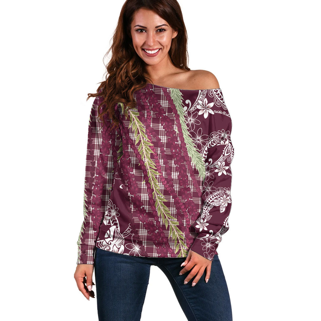Burgundy Palaka Hawaii Leis Off Shoulder Sweater Hawaiian-plaid Elegant Tropical Vibes
