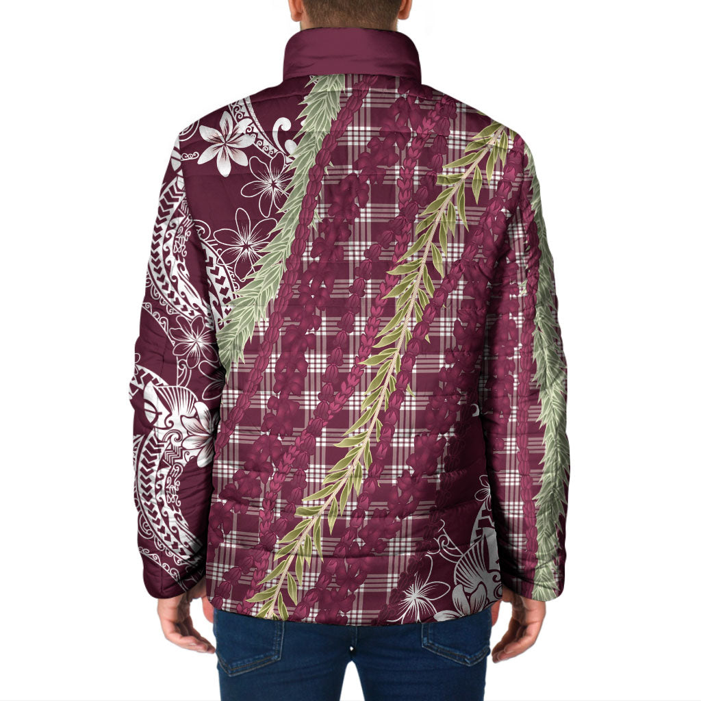 Burgundy Palaka Hawaii Leis Padded Jacket Hawaiian-plaid Elegant Tropical Vibes LT14 - Polynesian Pride