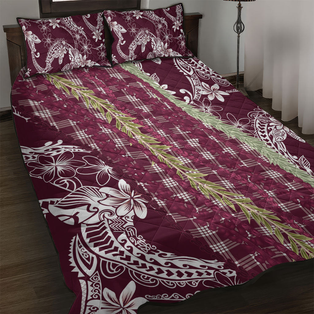 Burgundy Palaka Hawaii Leis Quilt Bed Set Hawaiian-plaid Elegant Tropical Vibes