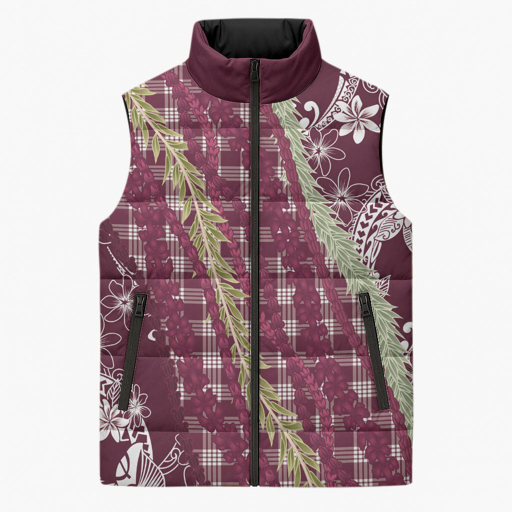 Burgundy Palaka Hawaii Leis Sleeveless Puffer Jacket Hawaiian-plaid Elegant Tropical Vibes LT14 Unisex Burgundy - Polynesian Pride