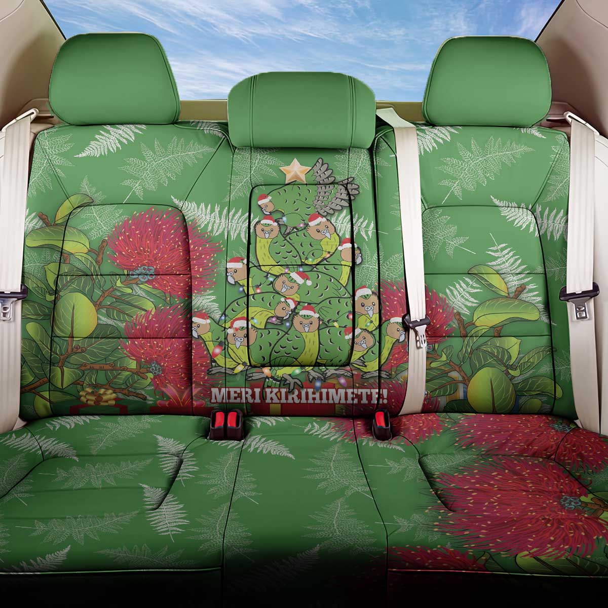 Kakapo New Zealand Christmas Back Car Seat Cover Meri Kirihimete Pohutukawa - Green Color LT14 One Size Green - Polynesian Pride