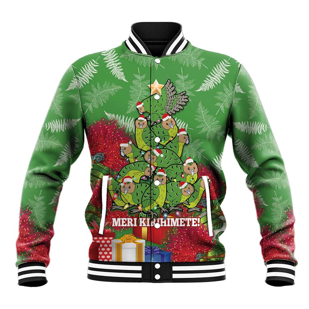 Kakapo New Zealand Christmas Baseball Jacket Meri Kirihimete Pohutukawa - Green Color LT14 Unisex Green - Polynesian Pride