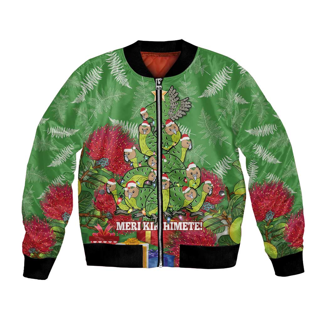 Kakapo New Zealand Christmas Bomber Jacket Meri Kirihimete Pohutukawa - Green Color LT14 Unisex Green - Polynesian Pride
