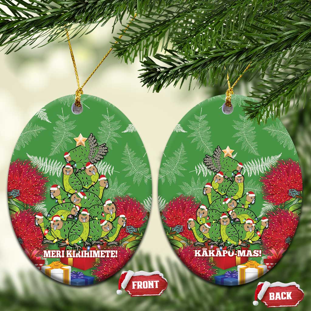 Kakapo New Zealand Christmas Ceramic Ornament Meri Kirihimete Pohutukawa - Green Color LT14 Oval Green - Polynesian Pride