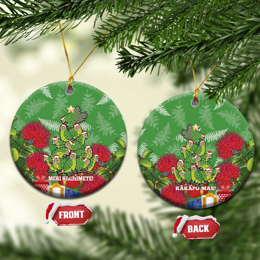 Kakapo New Zealand Christmas Ceramic Ornament Meri Kirihimete Pohutukawa - Green Color LT14 Circle Green - Polynesian Pride