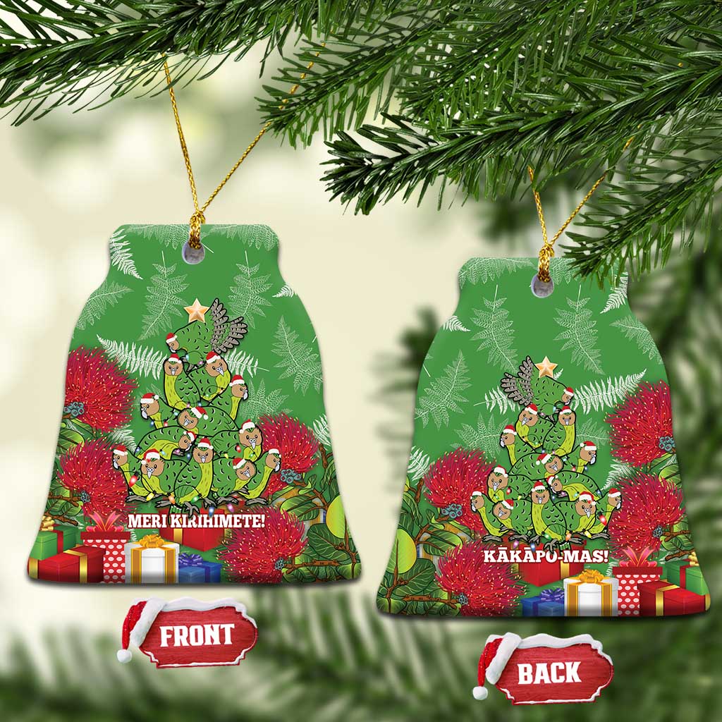 Kakapo New Zealand Christmas Ceramic Ornament Meri Kirihimete Pohutukawa - Green Color LT14 Bell Flake Green - Polynesian Pride