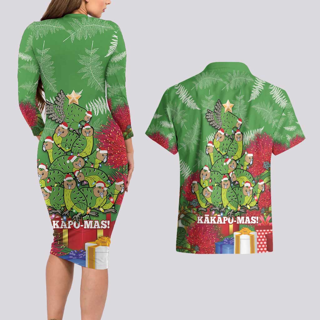 Kakapo New Zealand Christmas Couples Matching Long Sleeve Bodycon Dress and Hawaiian Shirt Meri Kirihimete Pohutukawa - Green Color LT14 - Polynesian Pride