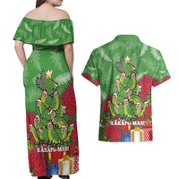 Kakapo New Zealand Christmas Couples Matching Off Shoulder Maxi Dress and Hawaiian Shirt Meri Kirihimete Pohutukawa - Green Color LT14 - Polynesian Pride