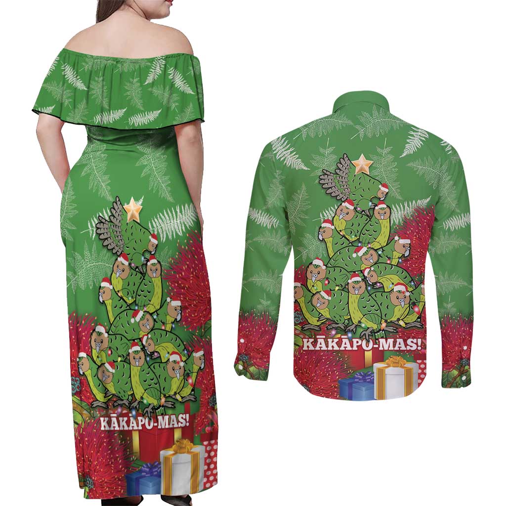 Kakapo New Zealand Christmas Couples Matching Off Shoulder Maxi Dress and Long Sleeve Button Shirt Meri Kirihimete Pohutukawa - Green Color LT14 - Polynesian Pride