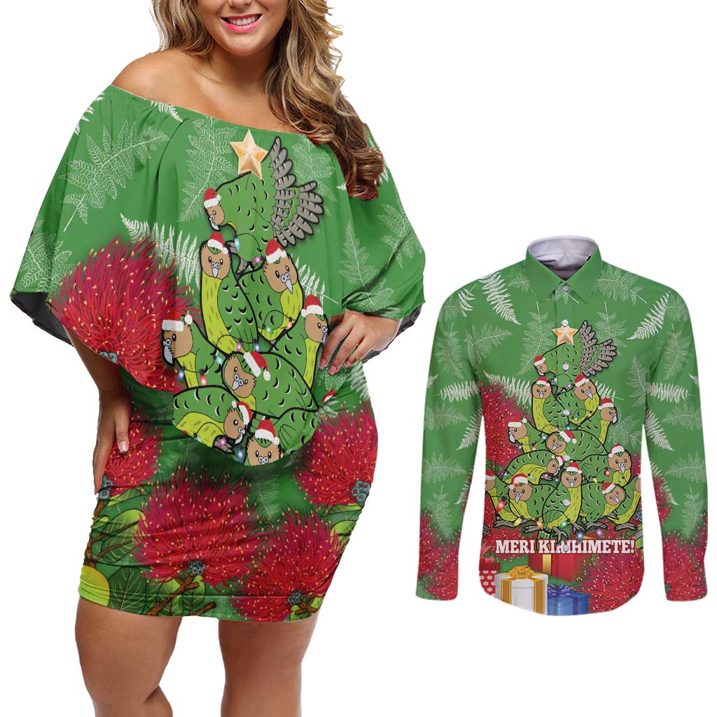 Kakapo New Zealand Christmas Couples Matching Off Shoulder Short Dress and Long Sleeve Button Shirt Meri Kirihimete Pohutukawa - Green Color LT14 Green - Polynesian Pride