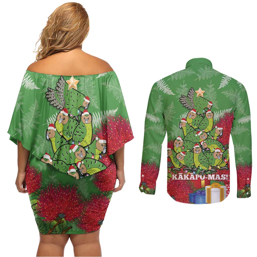 Kakapo New Zealand Christmas Couples Matching Off Shoulder Short Dress and Long Sleeve Button Shirt Meri Kirihimete Pohutukawa - Green Color LT14 - Polynesian Pride