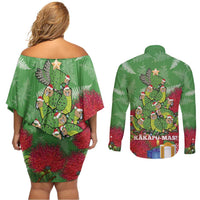 Kakapo New Zealand Christmas Couples Matching Off Shoulder Short Dress and Long Sleeve Button Shirt Meri Kirihimete Pohutukawa - Green Color LT14 - Polynesian Pride