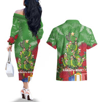 Kakapo New Zealand Christmas Couples Matching Off The Shoulder Long Sleeve Dress and Hawaiian Shirt Meri Kirihimete Pohutukawa - Green Color LT14 - Polynesian Pride
