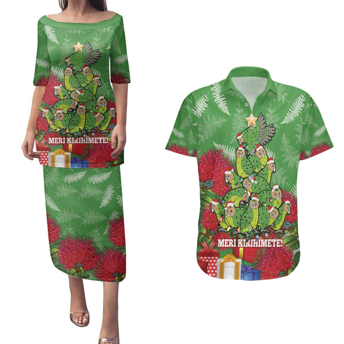 Kakapo New Zealand Christmas Couples Matching Puletasi and Hawaiian Shirt Meri Kirihimete Pohutukawa - Green Color LT14 Green - Polynesian Pride