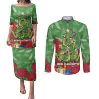 Kakapo New Zealand Christmas Couples Matching Puletasi and Long Sleeve Button Shirt Meri Kirihimete Pohutukawa - Green Color LT14 Green - Polynesian Pride