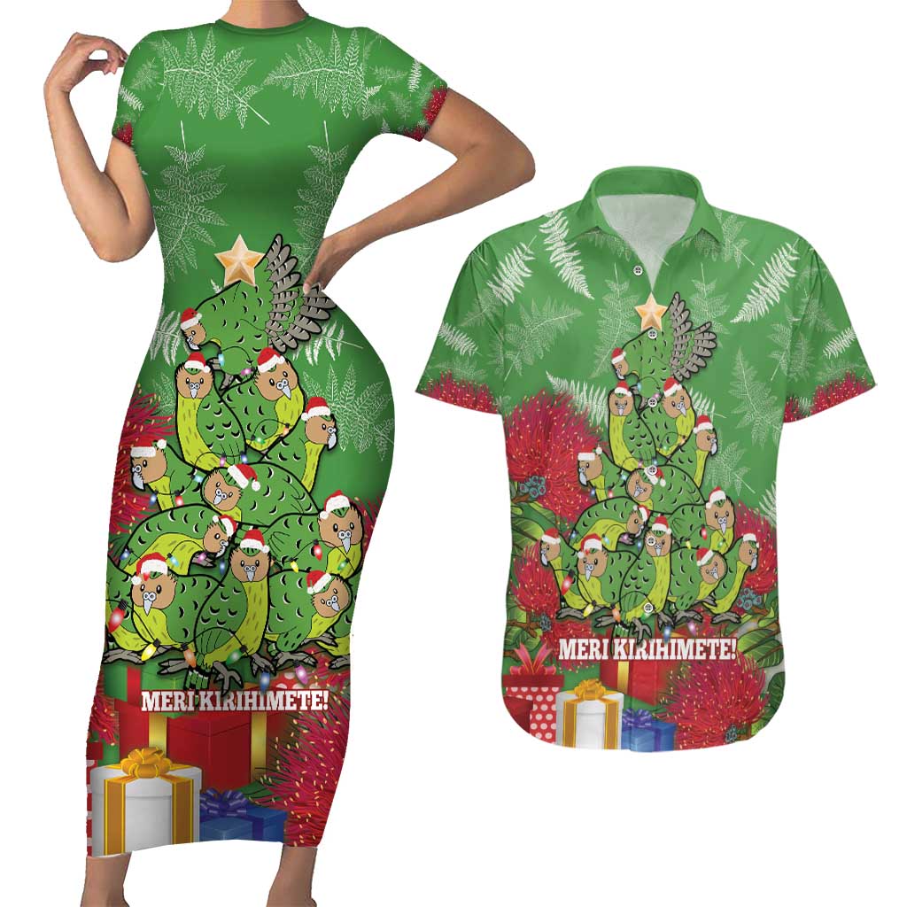 Kakapo New Zealand Christmas Couples Matching Short Sleeve Bodycon Dress and Hawaiian Shirt Meri Kirihimete Pohutukawa - Green Color LT14 Green - Polynesian Pride