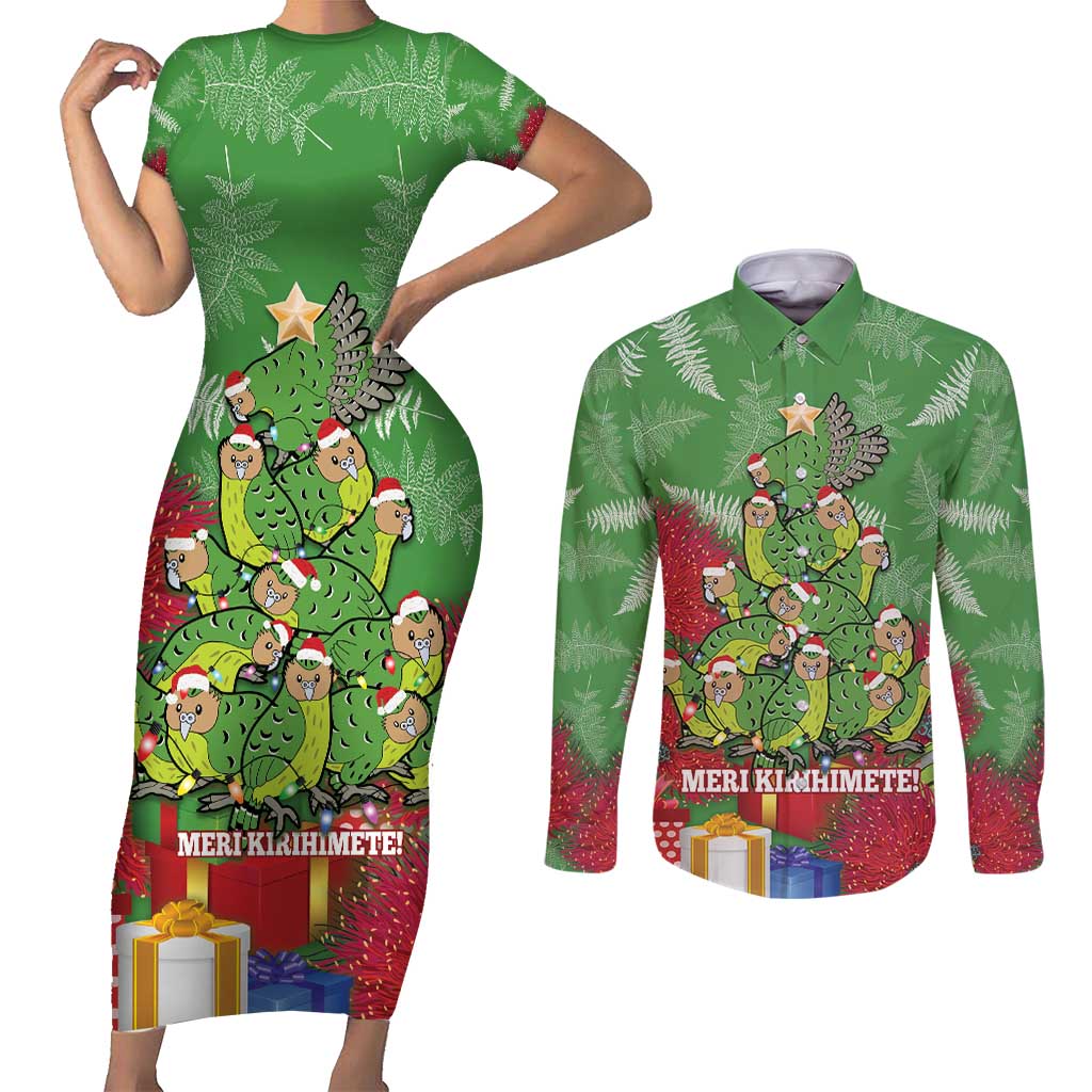Kakapo New Zealand Christmas Couples Matching Short Sleeve Bodycon Dress and Long Sleeve Button Shirt Meri Kirihimete Pohutukawa - Green Color LT14 Green - Polynesian Pride