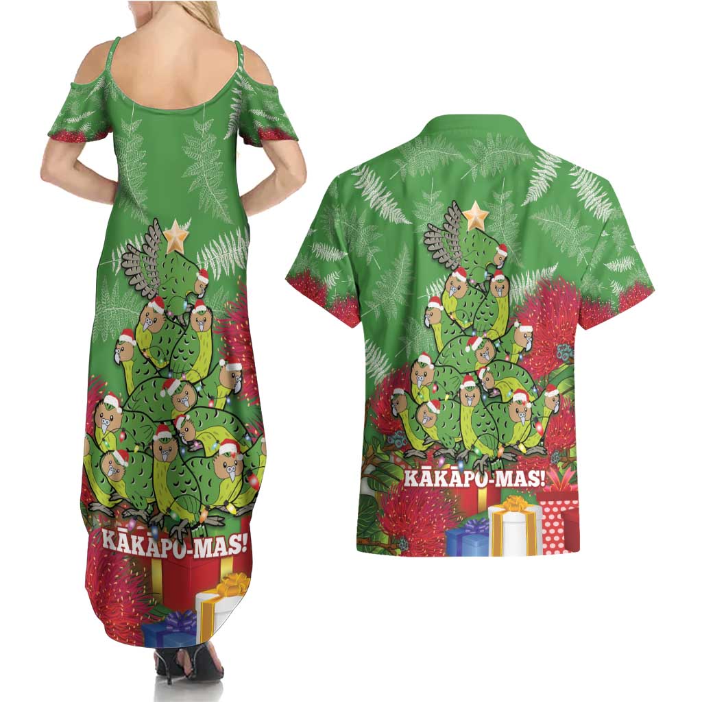 Kakapo New Zealand Christmas Couples Matching Summer Maxi Dress and Hawaiian Shirt Meri Kirihimete Pohutukawa - Green Color LT14 - Polynesian Pride