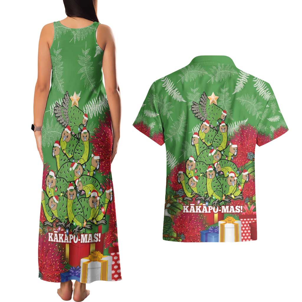 Kakapo New Zealand Christmas Couples Matching Tank Maxi Dress and Hawaiian Shirt Meri Kirihimete Pohutukawa - Green Color LT14 - Polynesian Pride