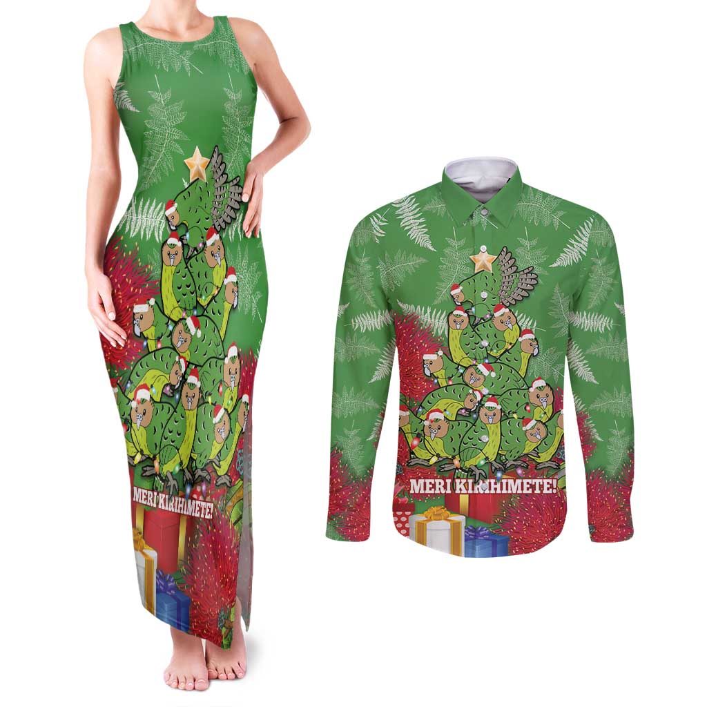 Kakapo New Zealand Christmas Couples Matching Tank Maxi Dress and Long Sleeve Button Shirt Meri Kirihimete Pohutukawa - Green Color LT14 Green - Polynesian Pride