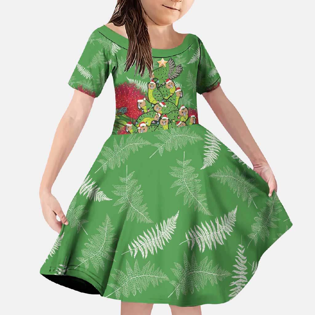 Kakapo New Zealand Christmas Family Matching Mermaid Dress and Hawaiian Shirt Meri Kirihimete Pohutukawa - Green Color LT14 Daughter's Dress Green - Polynesian Pride